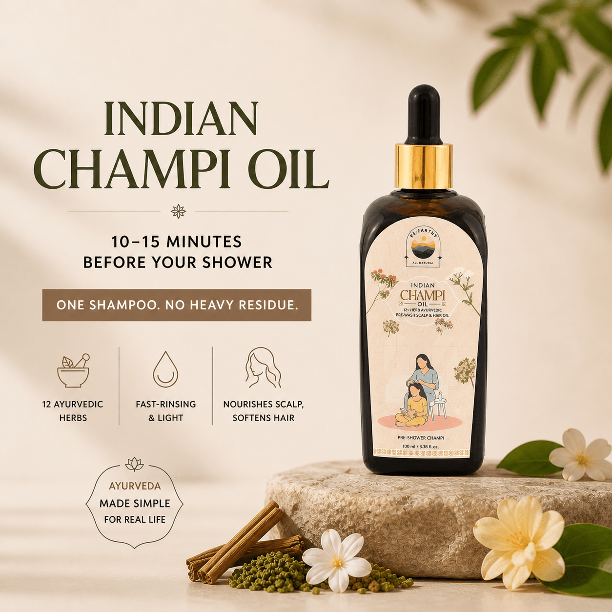Indian Champi Oil (12 - Herb Ayurvedic Pre - Wash Scalp & Hair Oil) - ReEarthy