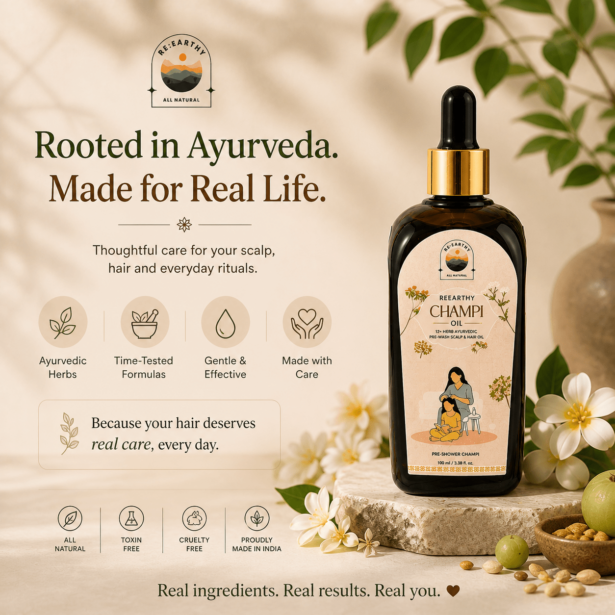 Indian Champi Oil (12 - Herb Ayurvedic Pre - Wash Scalp & Hair Oil) - ReEarthy